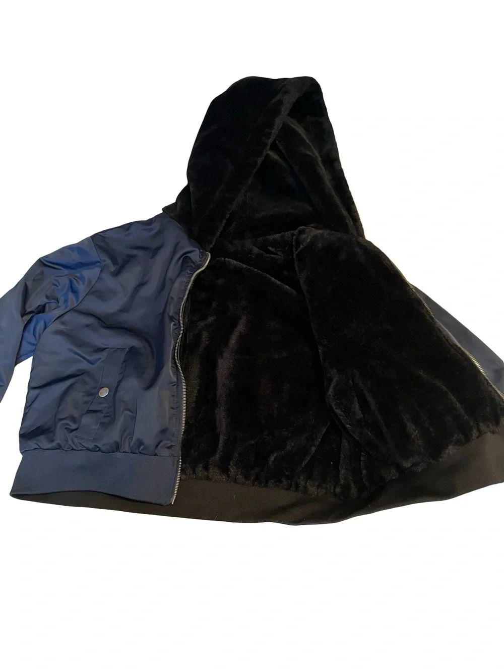 Faux Fur Lined Hooded Bomber Jacket | Navy Women’s L